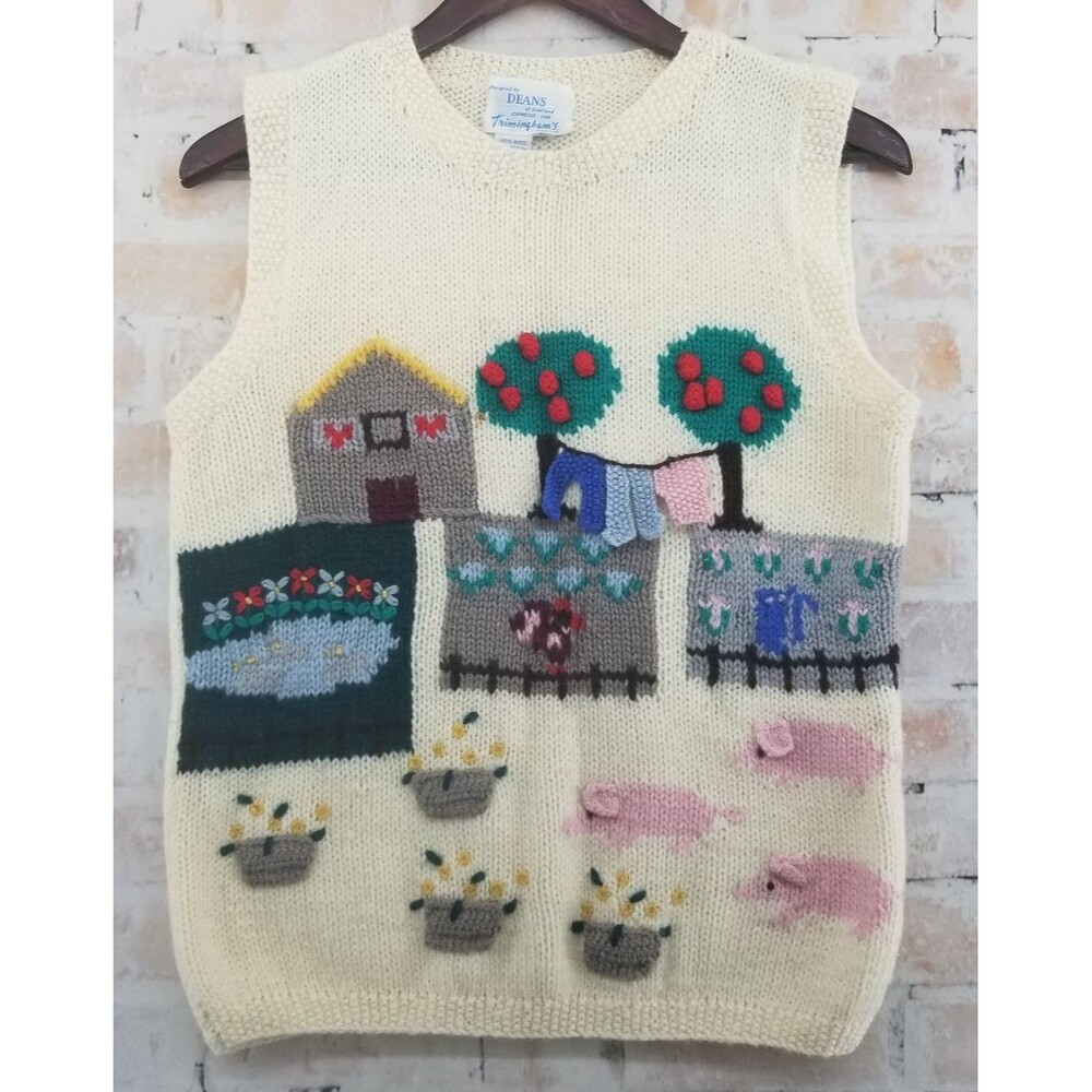 Vtg Deans of Scotland Cream Sweater Vest Apple Orchard Farm Wool Women's Large